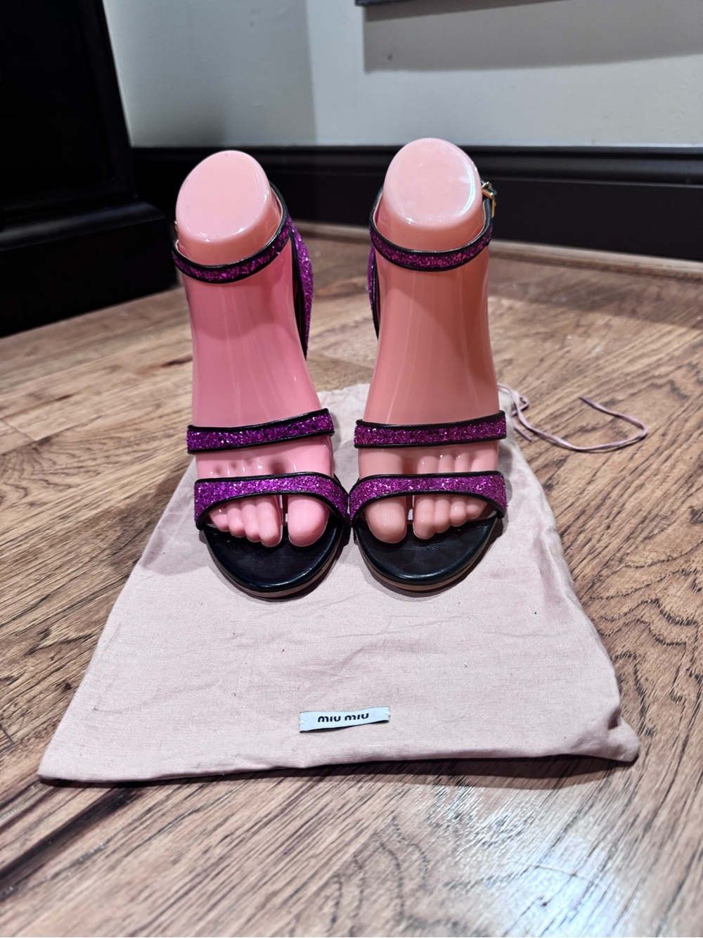 Miu Miu Fuchsia Glitter Strappy Heels